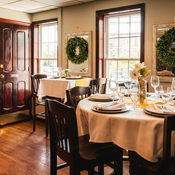 Restaurant dining room with set tables, dark wood chairs, and windows with wreaths reflecting in mirrors.