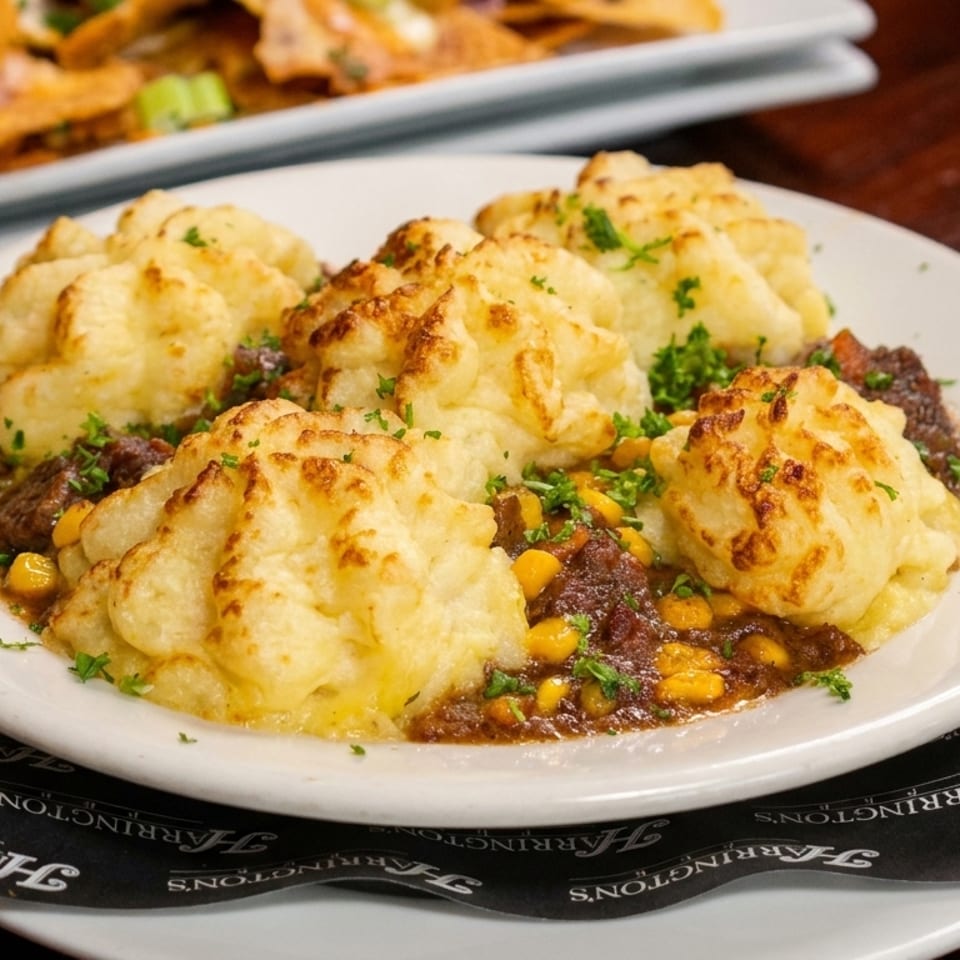 Shepherd's pie with mashed potato peaks, ground meat, corn, and parsley on a white plate.