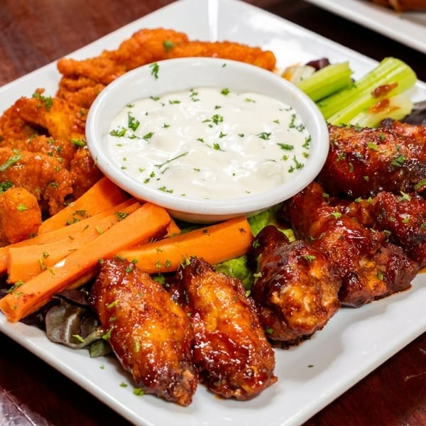 A white platter with buffalo wings, barbecue wings, carrots, celery, and ranch dressing.