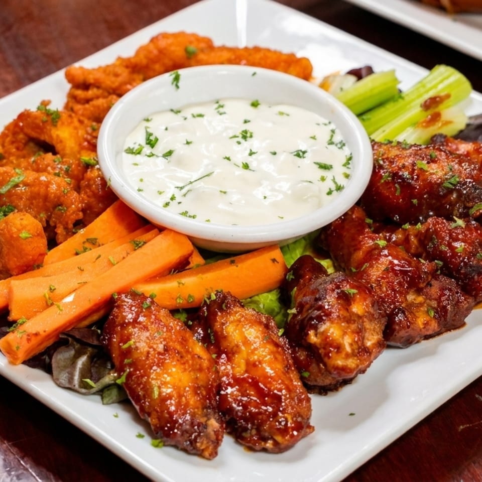 A white platter with buffalo wings, barbecue wings, carrots, celery, and ranch dressing.
