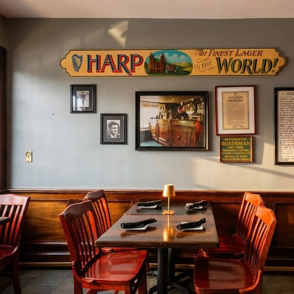 Cozy Irish pub interior with wooden tables, red chairs, Harp Lager sign, and framed pictures.