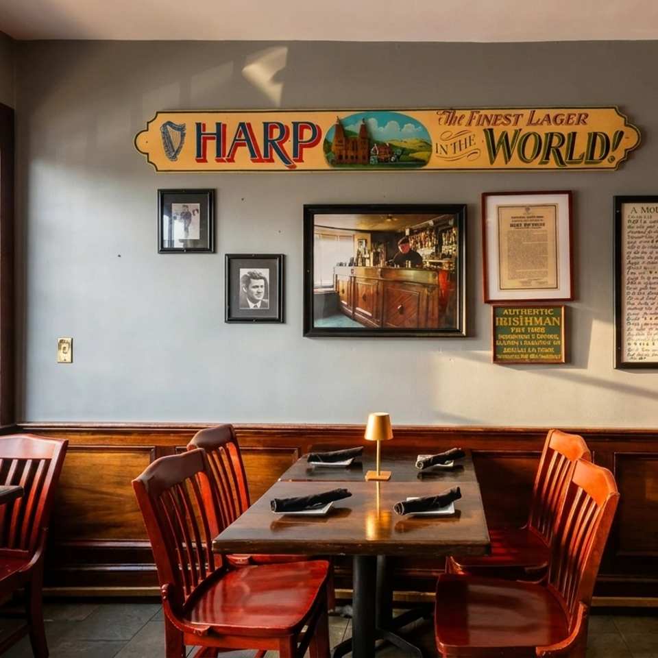 Cozy Irish pub interior with wooden tables, red chairs, Harp Lager sign, and framed pictures.