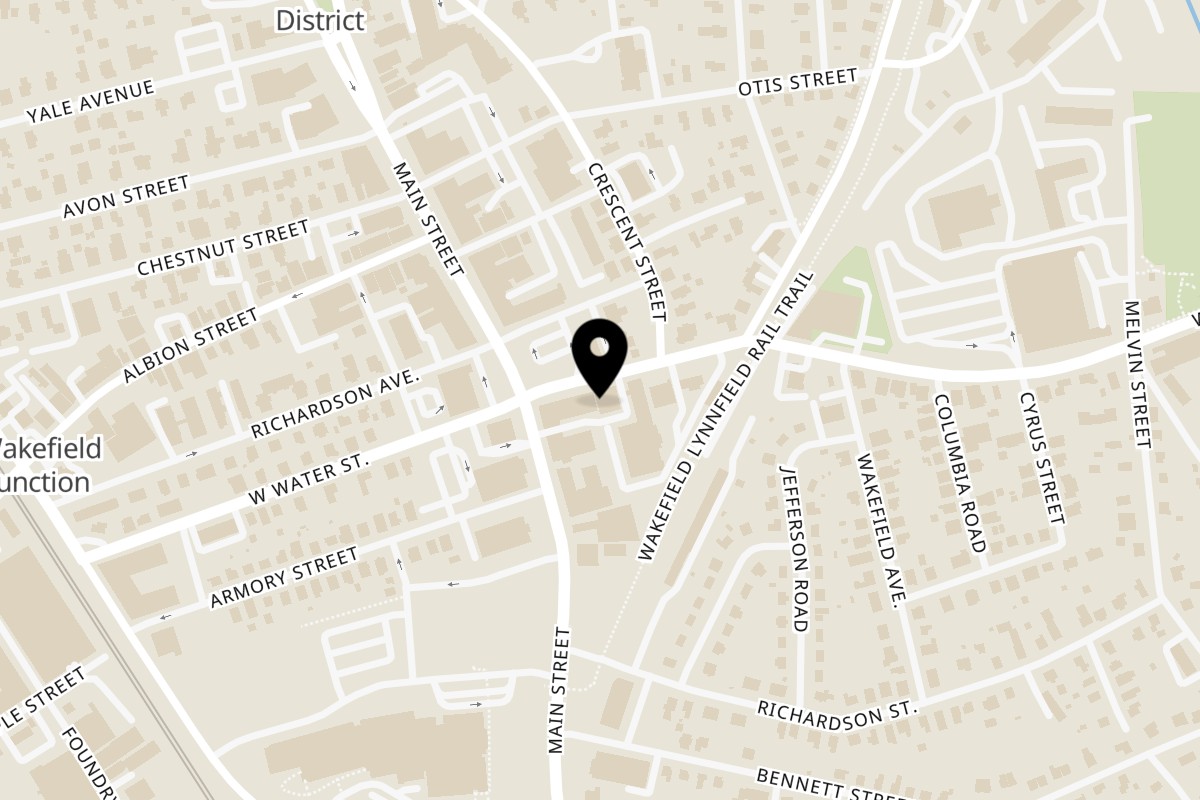 Map showing the location of Harrington's Food & Spirits on 17 Water St in Wakefield